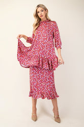 Floral Ruffled Top and Midi Skirt Set Celeste Magenta Floral S